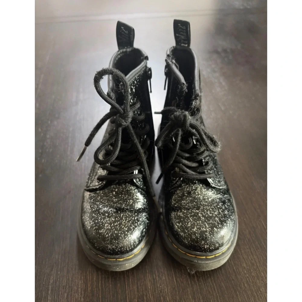 Dr. Martens Delaney Kids Black Glitter Lace Up Side Zip Combat Boots Size 11